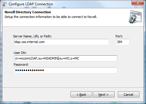 Novell Directory Connection Screen